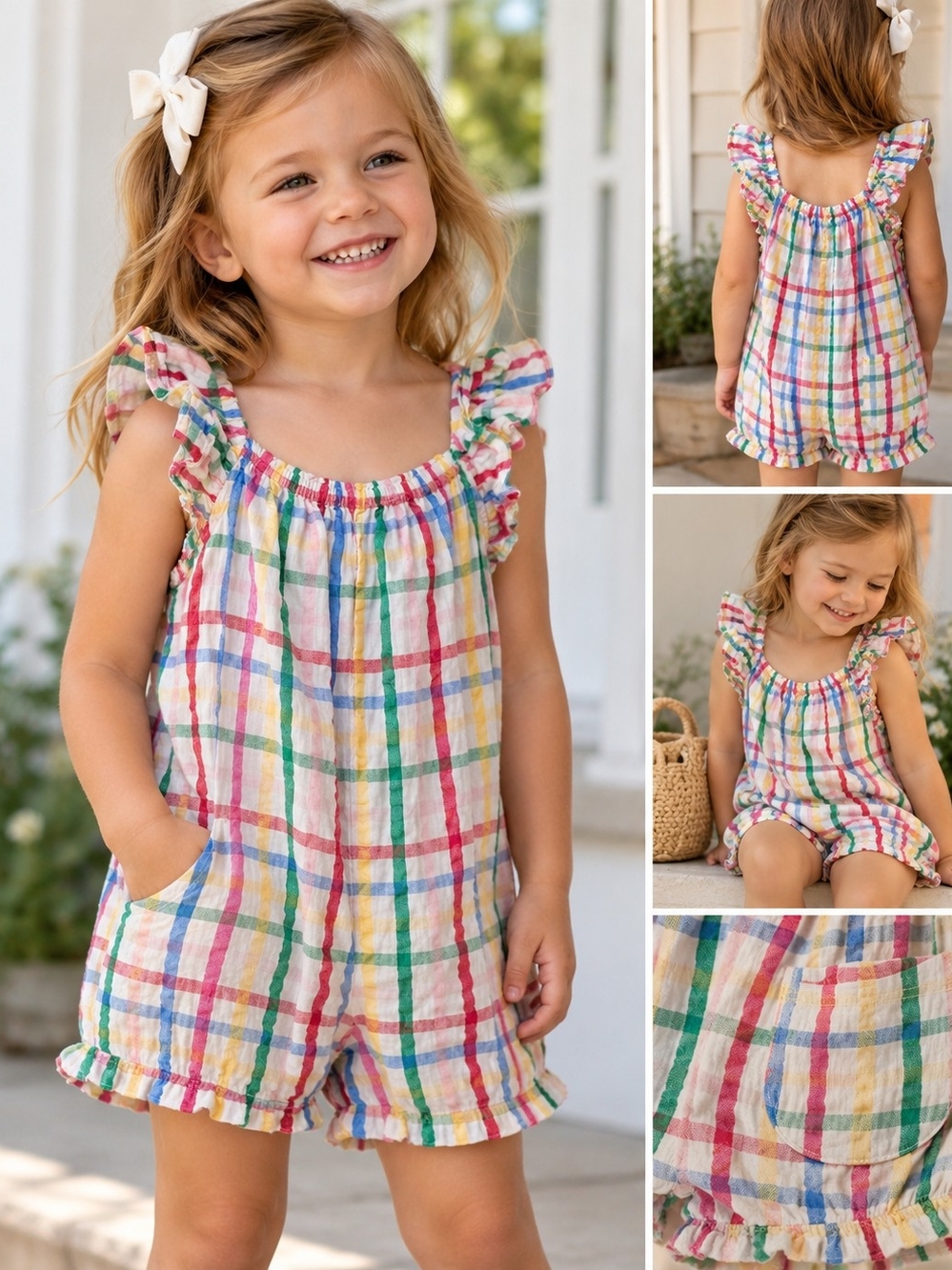 NEXT Girls 2-3Y Rainbow Plaid Romper Ruffle Sleeves 100% Cotton